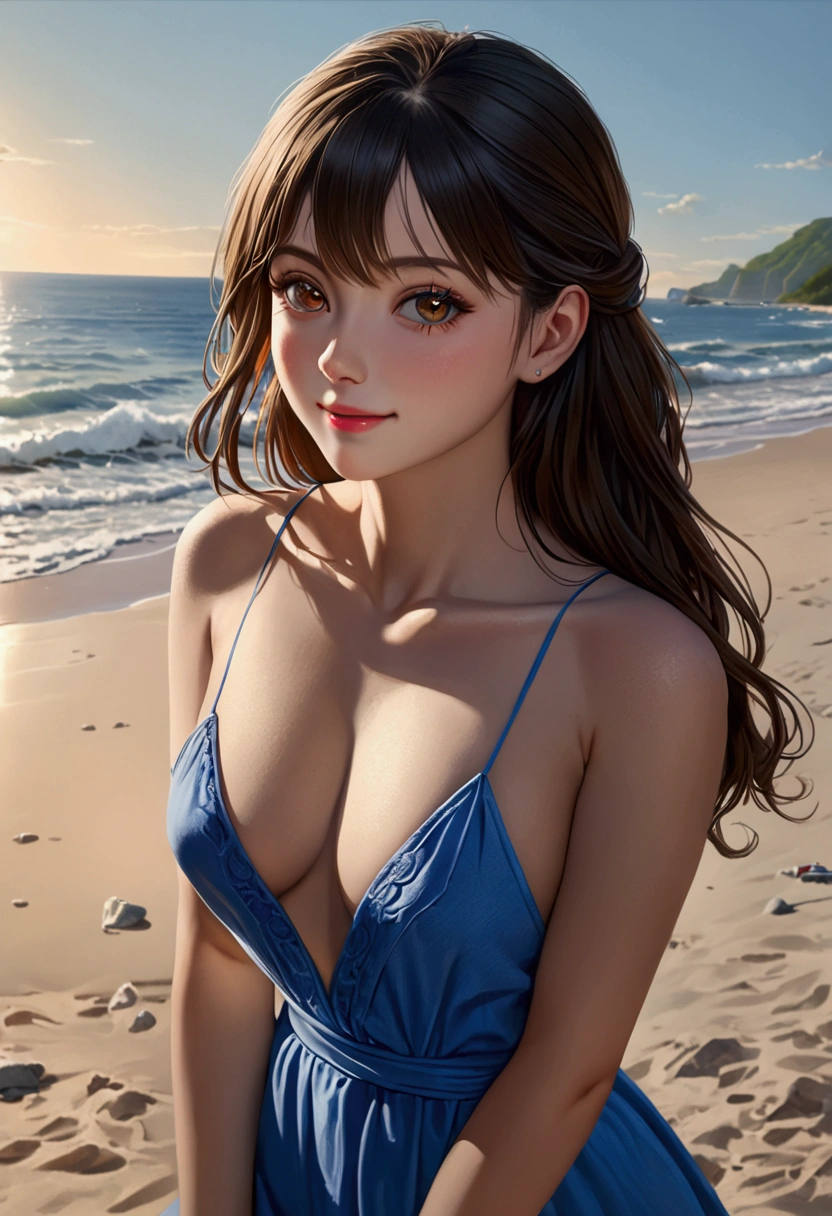(8k, raw photo, Best Quality, masterpiece:1.2), (realist, photo-realist:1.37), ultra detailed, ultra high resolution, twtzuyu, 1 girl,looking at the viewer,smile, milf, sexy, on the beach, beautiful detailed eyes skin texture, cinematic lighting, Professional lighting,