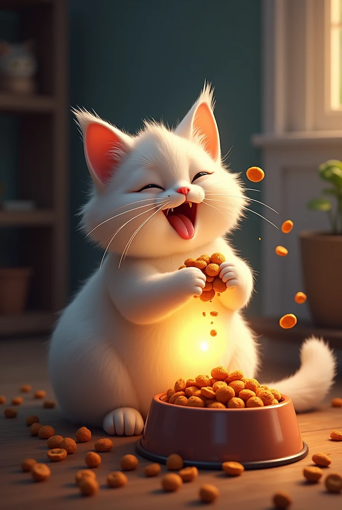The cat ate the dry food so deliciously that light came out of its mouth with cat food next to it.
