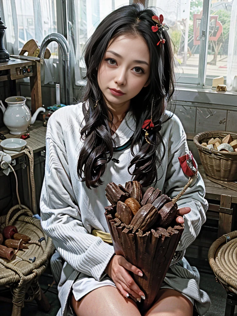 high resolution、high quality、High resolution、masterpiece、detailed、Japanese、Mature One Woman、42 years old、long chestnut hair、looking at the camera、((Are thin:1.3))、Petya pie、bra and black micro miniskirt、cluttered room