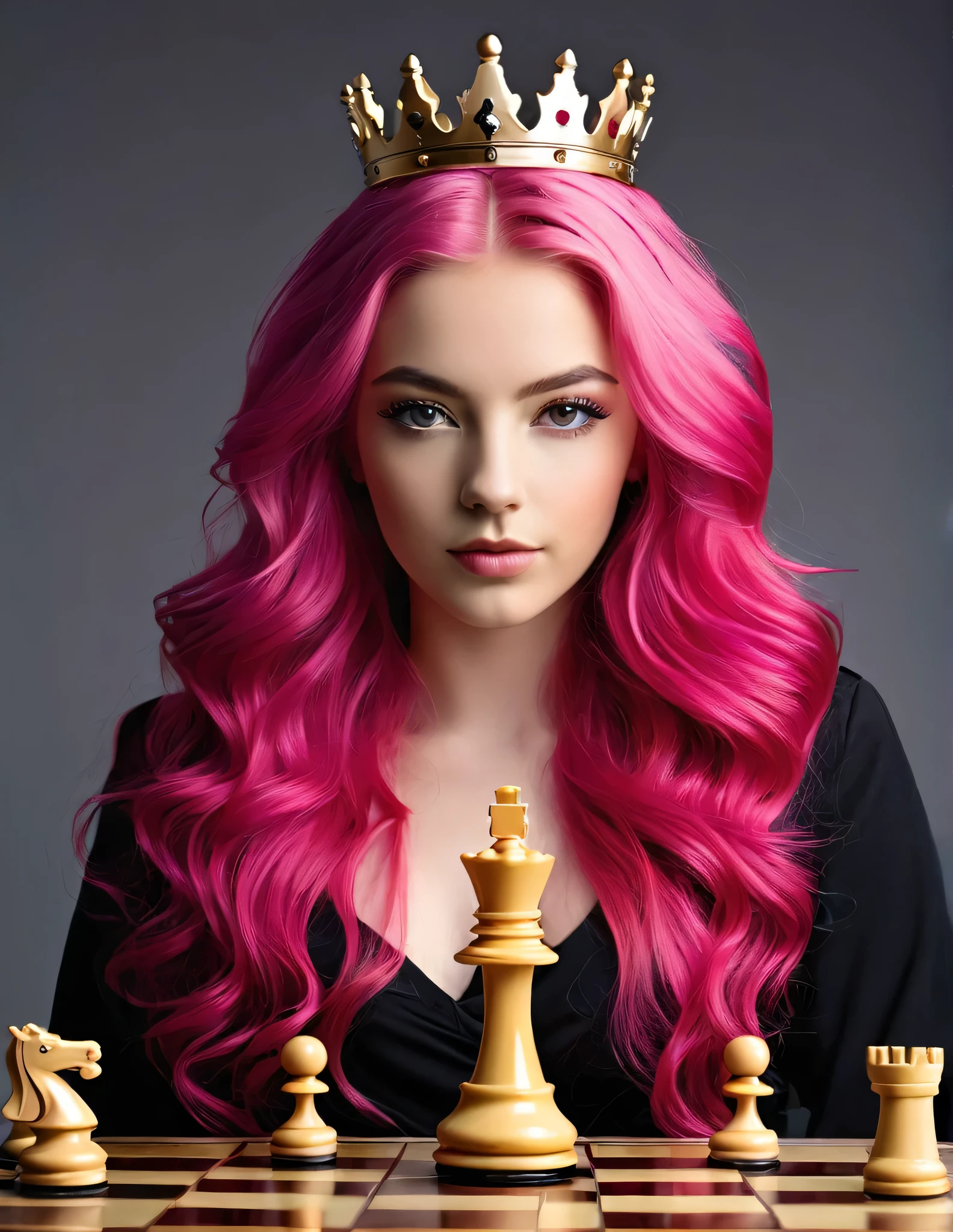 Very attractive 25 year old woman, with long, wavy bright pink hair, The Queen Chess Piece