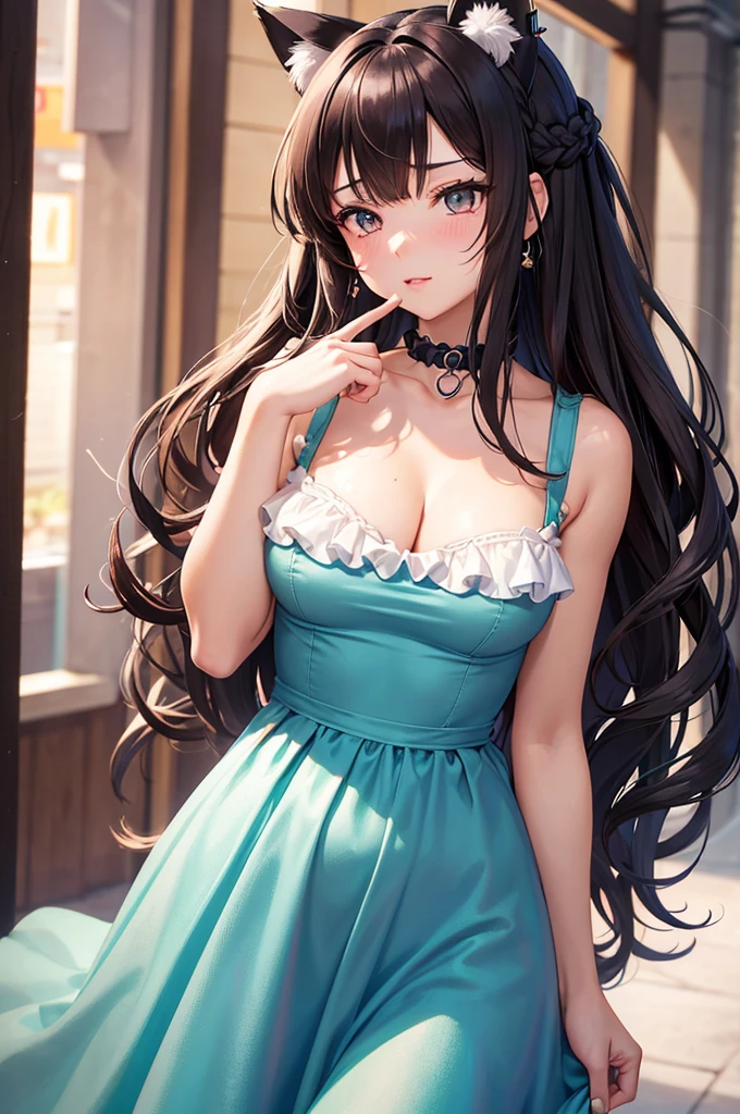 Close-up of a 20 years old girl wearing a dress and cat ears, anime girl, frilled pastel colored summer dress, choker, big rounds breasts, dark brown hair, gradient bangs with red tips, french braid, bangs over shoulder, long hair, wavy hair, shiny hair, hairclip, hair flower, aqua eyes, pupils sparkling, glowing eyes, earrings, cat ears, shy, blush, nervous, puckered lips, nose blush, glossy lips, high detail, anime, anime style, cinematic lighting, dithering, image fill, first-person view, perspective, Wide-Angle, f/1.8, 85mm, Sony FE GM, 8k, super detail, UHD, retina, masterpiece, accurate, anatomically correct, textured skin, high details, best quality, highres, 16k