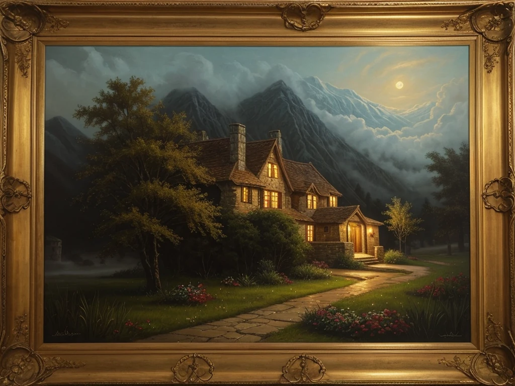 ((best quality)), ((masterpiece)), (detailed), You are an ancient magician and the worlds most renowned painter. You must draw a painting, with a first-person perspective of a Magical Medieval House made out of the finest dark lumber and stone. The House is very old and has vines growing off of it. The House is in the wilderness as has a mountain behind it. The scene is nighttime, with lots of fog, in low lighting. There are some trees in the background clouded by fog. The painting has a gold border and behind it is a wooden background.