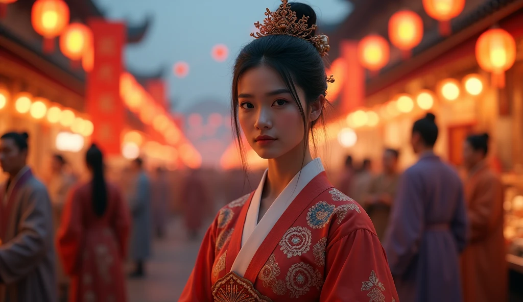 Hyperrealistic style,Tang Dynasty,Chang'an,Lantern Festival Night Market,Tang Dynasty侍女,Bright Lights,Perfect details,close up,Crowded,Ultra HD,4K