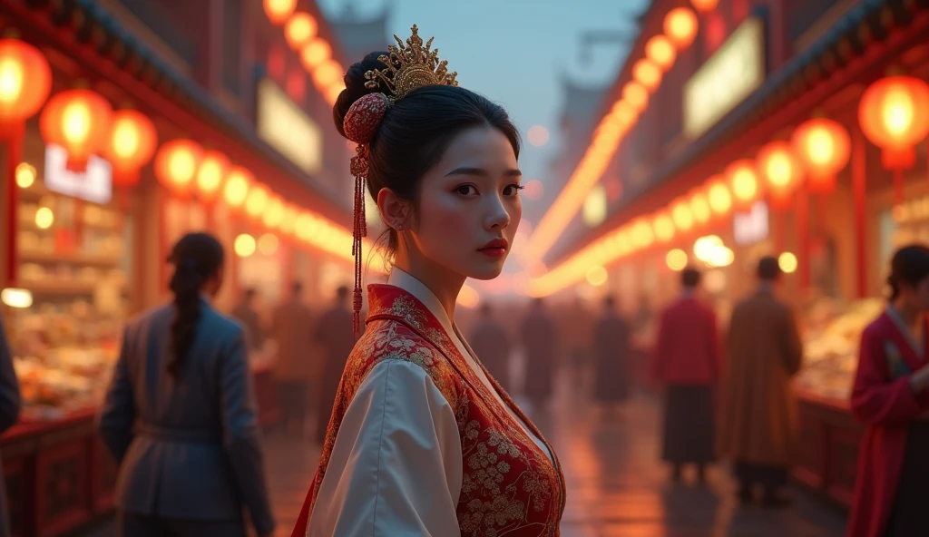 Hyperrealistic style，Tang Dynasty，Chang&#39;an，Lantern Festival Night Market，Tang Dynasty侍女，Bright Lights，Perfect details，close up，Crowded，Ultra HD，4K