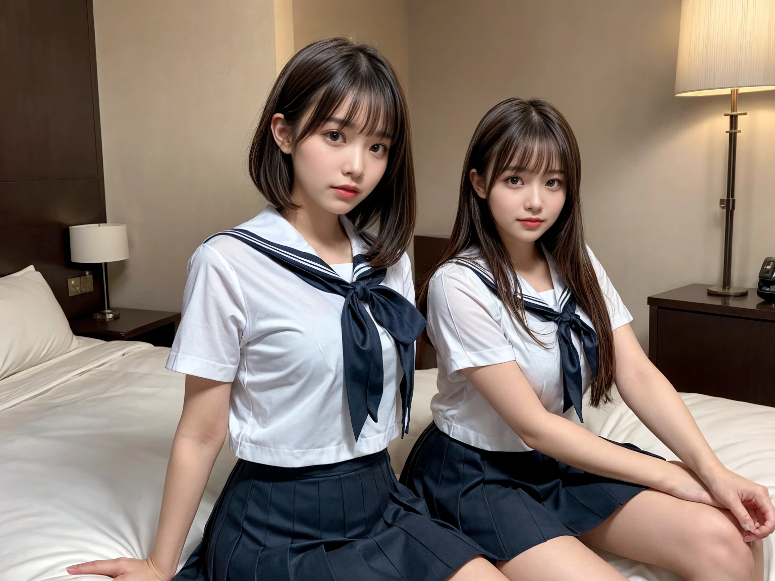 masterpiece, best quality, illustration, Super detailed, fine details, High resolution, 8K,wall paper, perfect dynamic composition,(Details High quality, realistic depiction of eyes:1.3), (3 girls), Black Sailor Uniform, serafuku, Navy pleated skirt, sitting, open legs, short bob hair, in a hotel room in the background, deep on field, large breasts, black hair color, Big Natural Color Lip, (perfect body shape), crying a little、Harajuku style、20 year old girl、cute type、beautiful legs, Gravure Idol