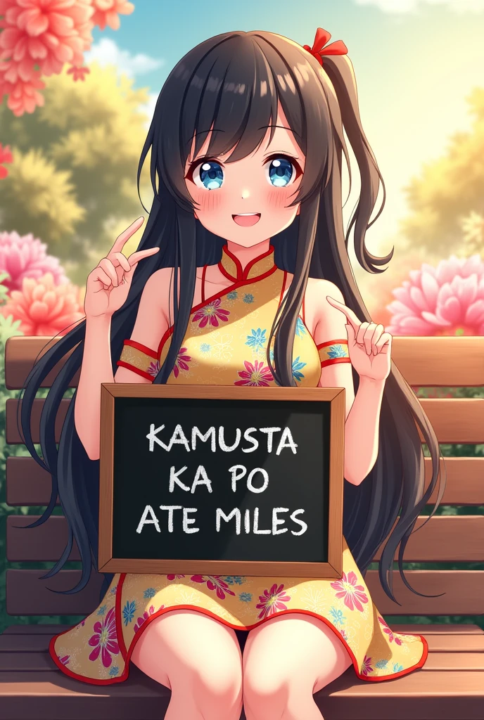 A delightful anime illustration of a Chinese girl with shiny black hair and bright blue eyes. She is adorned in avibrant dress with a unique pattern, holding a chalkboard with the phrase "KAMUSTA KA PO ATE MILES" written in white chalk. The girl is smiling playfully while pointing at her chalkboard, sitting comfortably on a bench . The background is filled with colorful flowers and a warm, sunlit sky, creating a cheerful and inviting atmosphere


