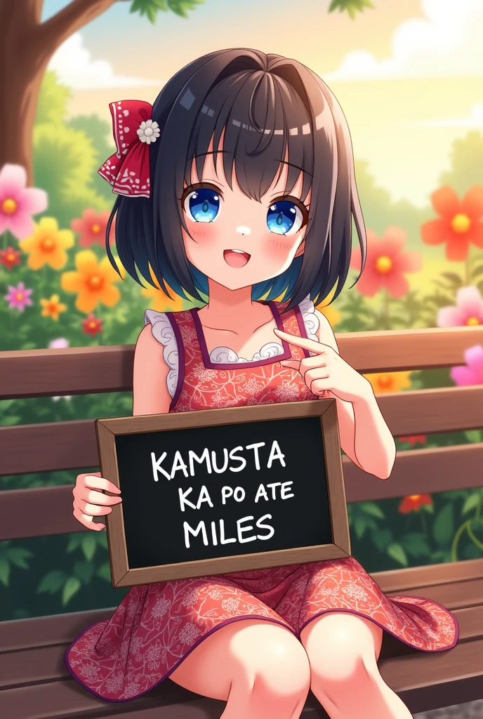 A delightful anime illustration of a Chinese girl with shiny black hair and bright blue eyes. She is adorned in avibrant dress with a unique pattern, holding a chalkboard with the phrase "KAMUSTA KA PO ATE MILES" written in white chalk. The girl is smiling playfully while pointing at her chalkboard, sitting comfortably on a bench . The background is filled with colorful flowers and a warm, sunlit sky, creating a cheerful and inviting atmosphere


