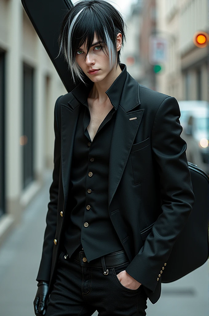 Man with straight black hair with white highlights with a gradient cut style, greeneyes, he wears a black vest underneath a black blazer with sleeves, on his hands he wears black gloves, a pair of black jeans, wears combat boots, on the back a guitar case,