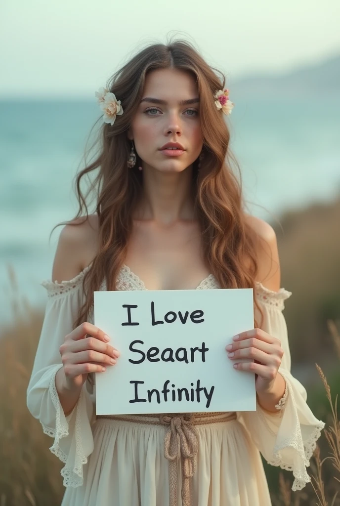 Beautiful girl with wavy long hair, bohemian dress, holding a white board with text "I Love Seaart Infinity" and showing it to the viewer