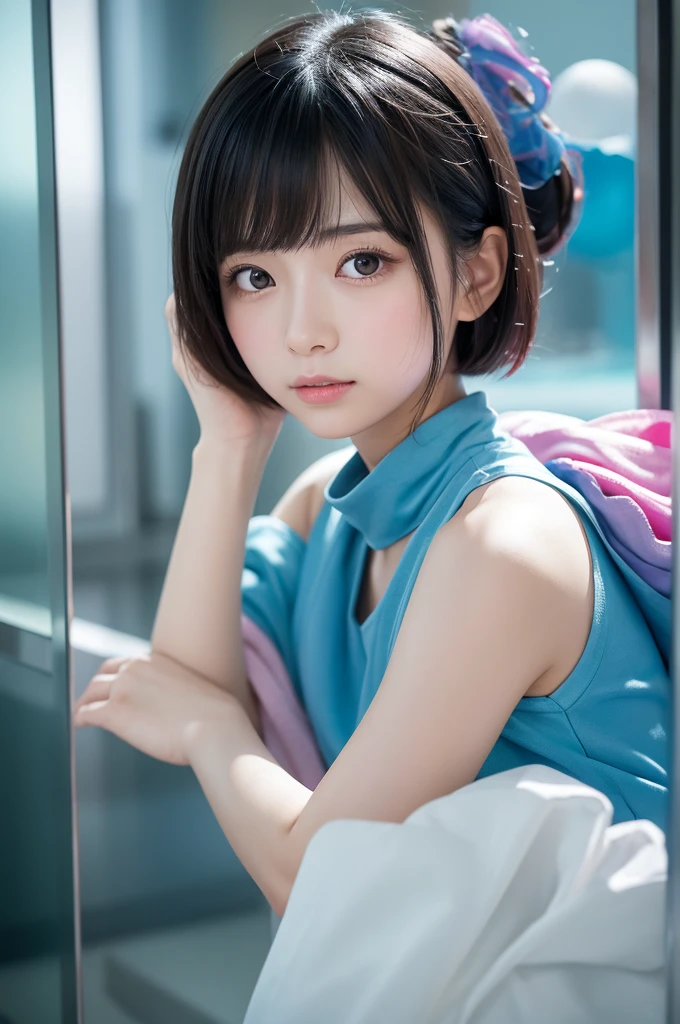 A beautiful Japanese girl is depicted。She has short black hair、Big eyes are characteristic.。The background is a fantastic color scheme based on pink and blue.、Floating spheres are placed throughout、It creates a futuristic and dreamy atmosphere.。
The beautiful girl is wearing a top made of thin, semi-transparent fabric.、The delicate sheen is reflected on the costume.。Posing with one hand on the floor、With your body leaning slightly backwards、Relaxed but looking straight into the camera、It emphasizes her presence。
As a photographic technique、It was shot in portrait mode.、By skillfully using light reflection and background bokeh effects,、It gives depth and dimension.。The overall use of soft light、Colorful bokeh in the background blends in、It beautifully expresses the ultra-realistic, live-action fantasy world.。