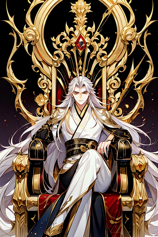 Perfect details, special details, top quality, handsome, dominant, serious, majestic, bad boy, solitary, looking straight ahead, 1 male, long hair, white hair, yellow eyes, broad shoulders, a balanced and well-toned body from years of training, black shirt, Hanfu with red dragon patterns and gold edges highlighting the aura of a leader, golden horns, sitting on a throne made of gold, reserved for someone above all others. Behind the man is an enormous painting depicting high mountains, vast plains, and swirling clouds that create a beautiful, almost otherworldly scene, best quality, 16k, masterpiece, detailed face drawing, with two arms and two legs, manhua character.