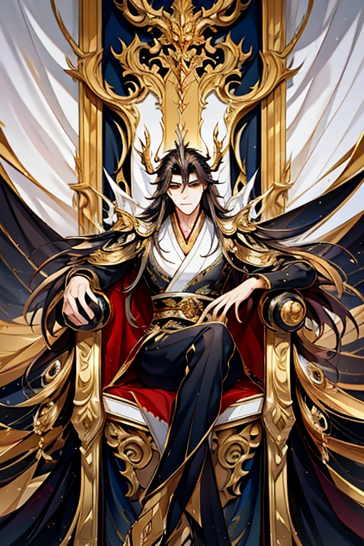 Perfect details, special details, top quality, handsome, dominant, serious, majestic, bad boy, solitary, looking straight ahead, 1 male, long hair, white hair, yellow eyes, broad shoulders, a balanced and well-toned body from years of training, black shirt, Hanfu with red dragon patterns and gold edges highlighting the aura of a leader, golden horns, sitting on a throne made of gold, reserved for someone above all others. Behind the man is an enormous painting depicting high mountains, vast plains, and swirling clouds that create a beautiful, almost otherworldly scene, best quality, 16k, masterpiece, detailed face drawing, with two arms and two legs, manhua character.