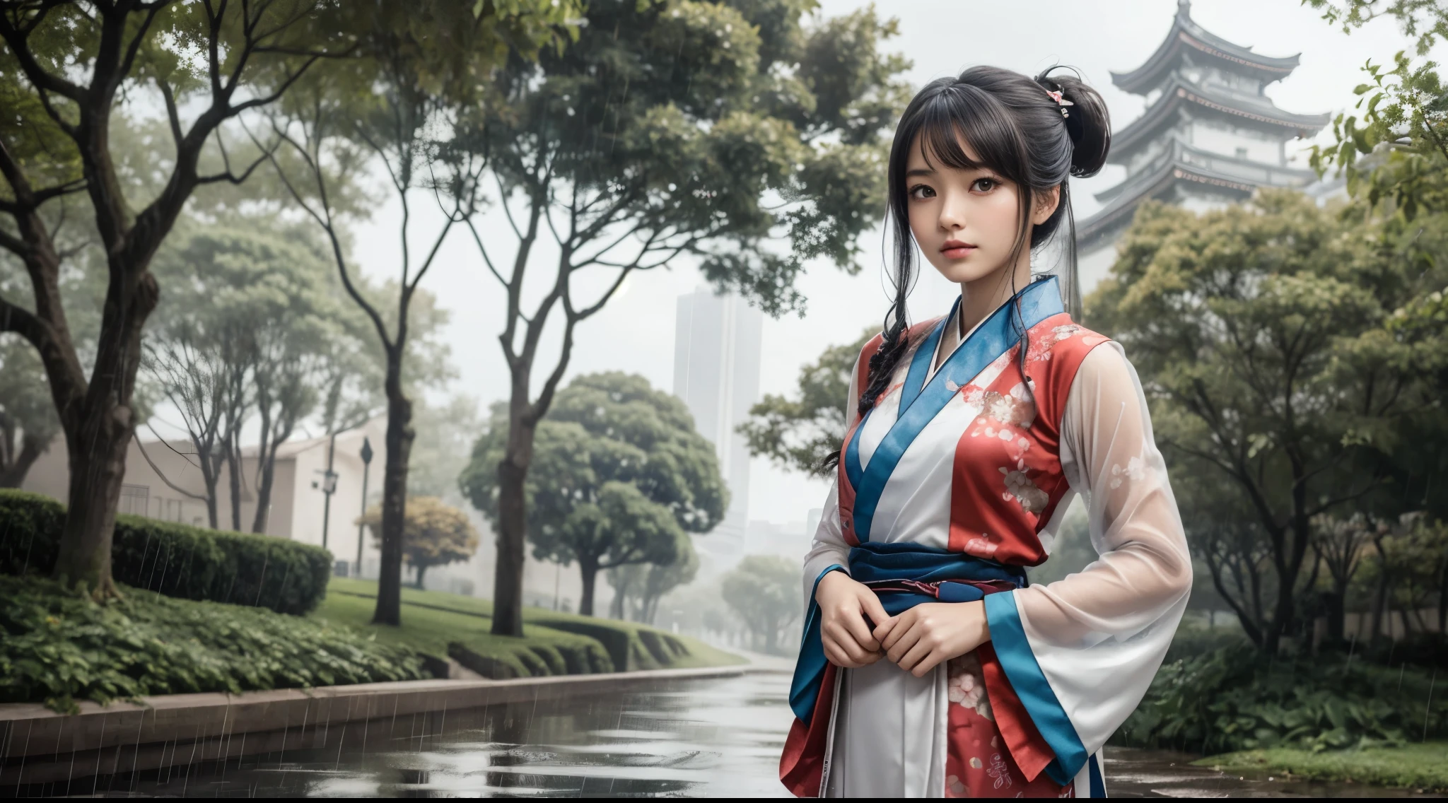 1girl, (solo:1.4), standing, (side cut long hanfu blouse with sailor collar:1.2), (yo, cute:1.3), (breasts:1.2), (thigh, see-through ruffles sleeve:1.2), high ponytail, detailed face, (looking at viewer:1.2), rainy weather, heavy rain, highest quality, high resolution, very detailed, delicate texture, silver hair, red eyes, bangs, poker face, holding rabbit, red kimono, floral pattern, romantic nature, very straight hair, dreamlike world atmosphere, exquisite,