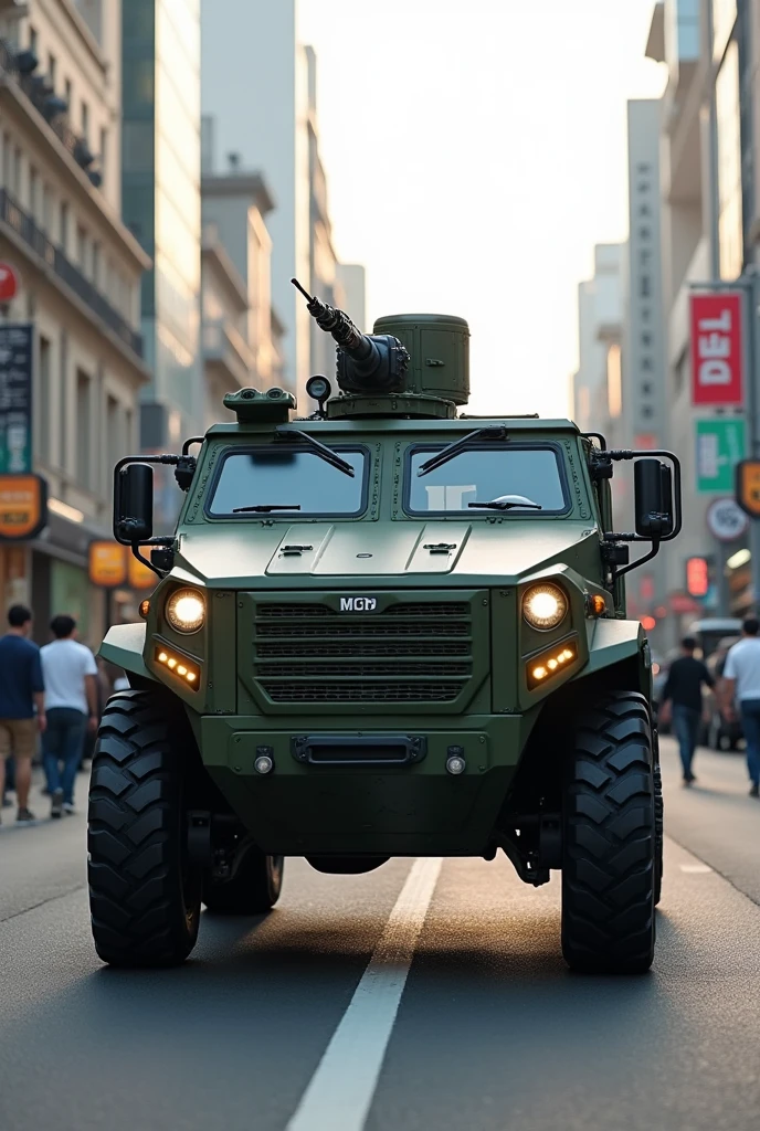 South Korean all-terrain tactical vehicle, transiting in the city of Seoul, equipped with a machine gun in the upper turret, wide angle, octane rendering, volumetric lighting, ultra detailed, intricate details, golden ratio, 3D image, resolution 64K. Photographic style: Canon EOS 90D Camera, lente 50mm, F2 aperture.5