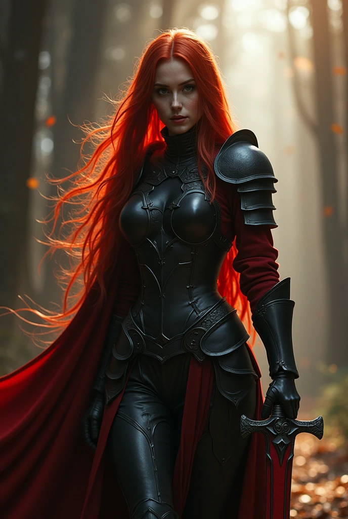 photorealistic image of a woman, ultrarealistic, photography, long red hair, woman, 24 years old, hourglass figure, perfect body, Flirty look, natural medium breasts, black metal armor, big red claymore sword on her back, walking out of the darkness into the light (Maia:1)