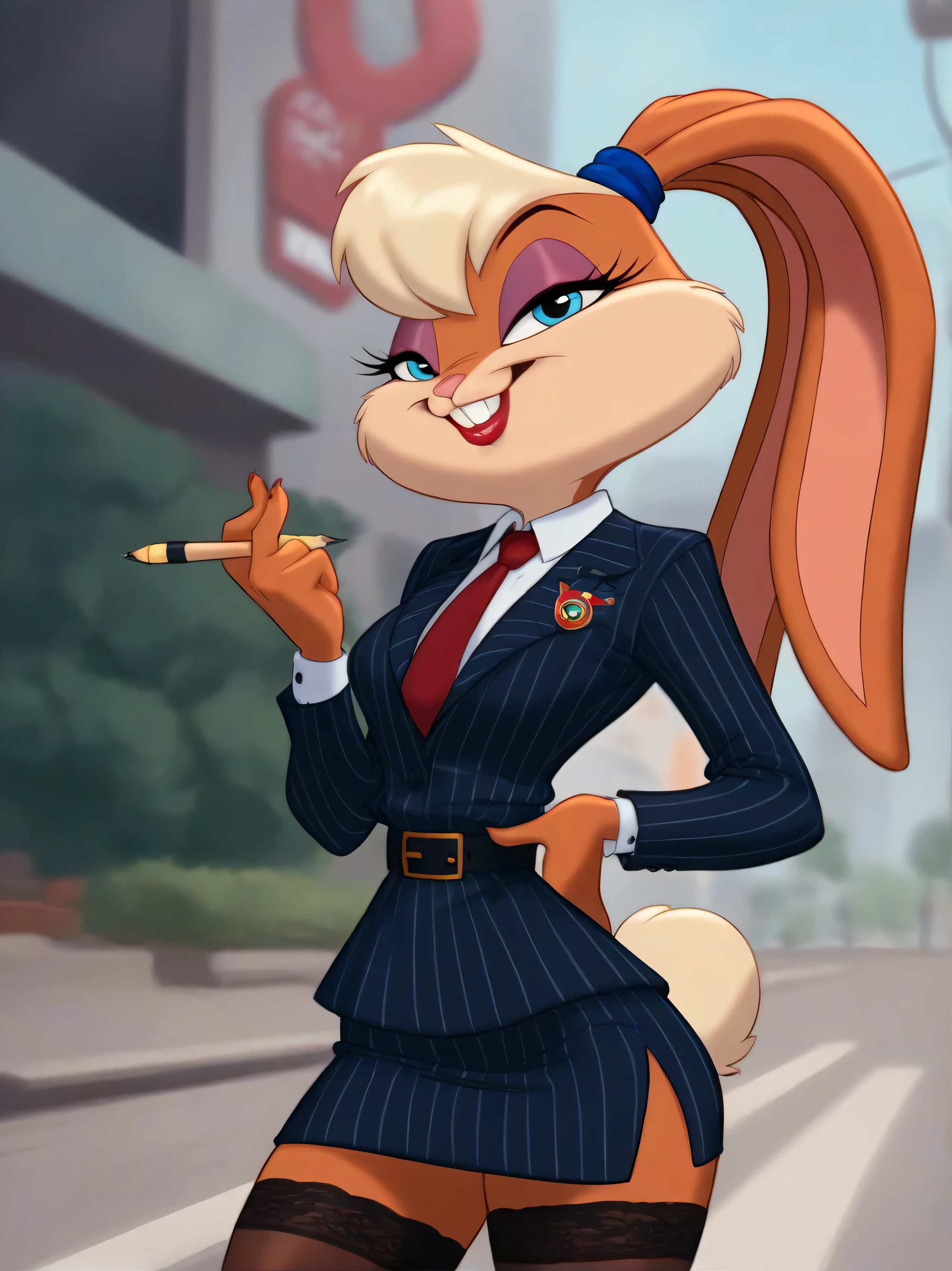 lolabunny, 1girl, solo, furry female, rabbit ears, rabbit girl, animal nose, navy pinstripe skirt suit, (((three-piece suit))), (((dress shirt))), (((necktie))), (((blazer))), (((suit jacket))), (((waistcoat))), double-breasted waistcoat, (((bodycon pencil skirt))), (((stockings))), high heels, pocket square, cufflinks, tie clip, tight clothing, formal clothing, eyeshadow, shiny eyeshadow, lipstick, makeup, long eyelashes,  blue eyes, body fur, standing, belt, sultry, bedroom eyes, tail, buck teeth,cowboy shot,smile,looking at viewer, outdoors, score_9, score_8_up, score_7_up, score_6_up, score_5_up, score_4_up   