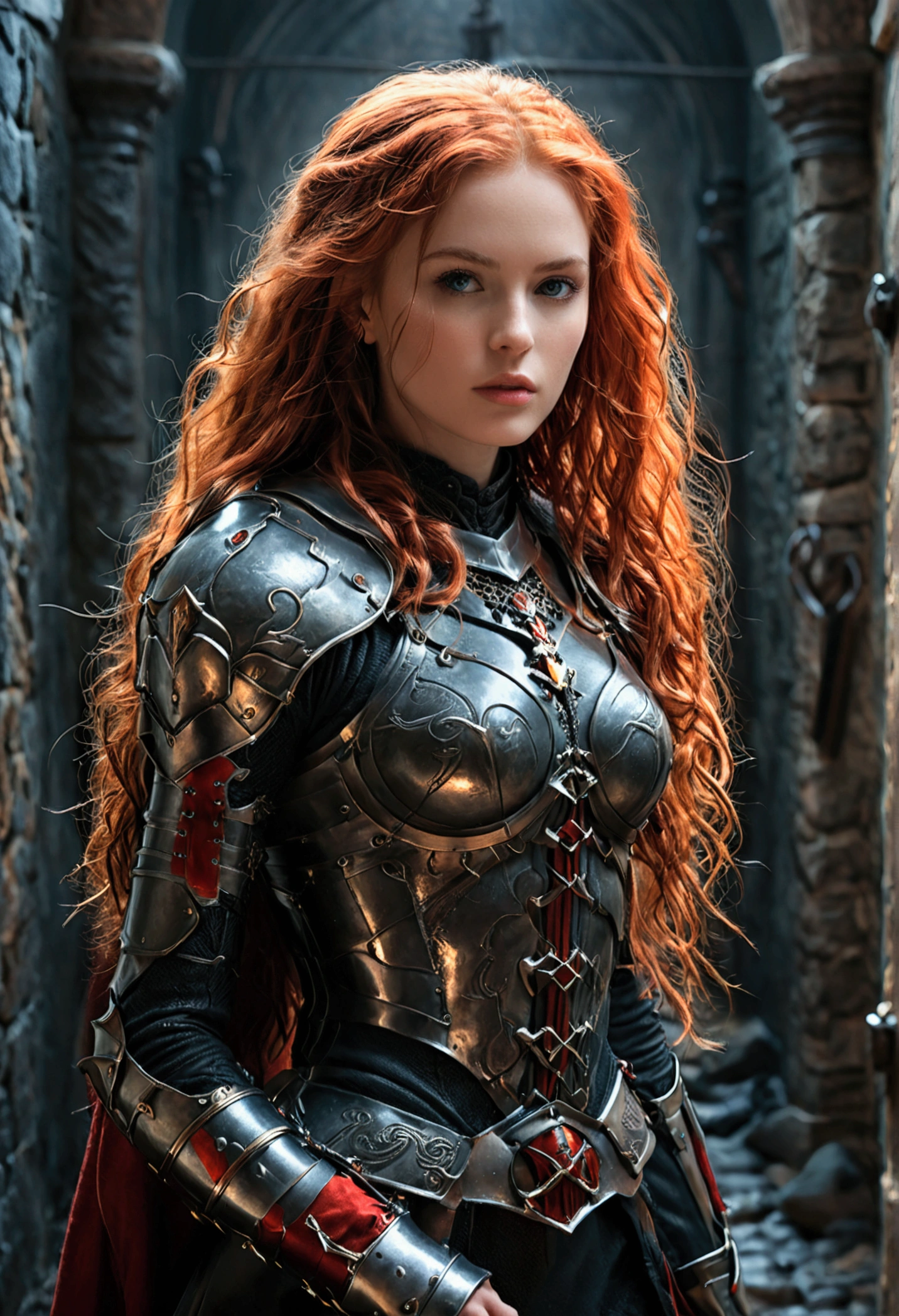 (full body shot:1) photorealistic image of a (walking:1) woman, ultrarealistic, photography, long red hair, woman, 24 years old, hourglass figure, perfect body, Flirty look, natural medium breasts, black metal armor, big red claymore sword on her back, walking out of the darkness into the light, full body shot, full body, full body picture, camera zoomed out, wide angle, wide angle shot, wide angle picture