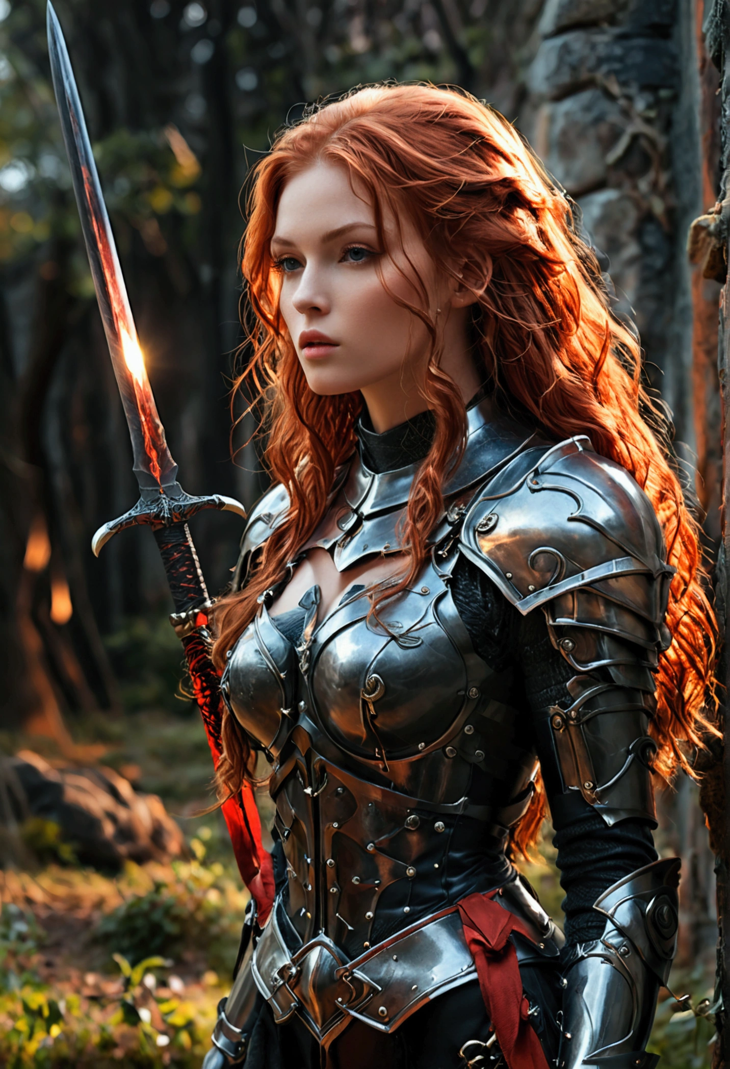 (full body shot:1) photorealistic image of a (walking:1) woman, ultrarealistic, photography, long red hair, woman, 24 years old, hourglass figure, perfect body, Flirty look, natural medium breasts, black metal armor, big red claymore sword on her back, walking out of the darkness into the light, full body shot, full body, full body picture, camera zoomed out, wide angle, wide angle shot, wide angle picture

