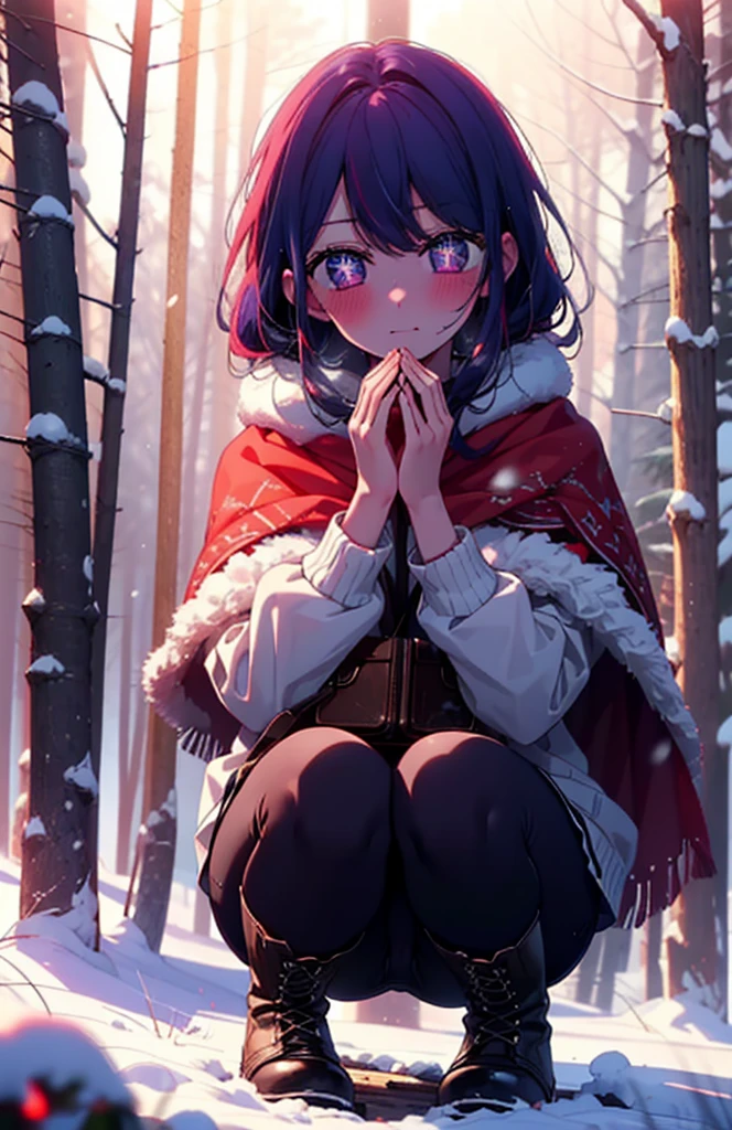 aihoshino, Ai Hoshino, Long Hair, bangs, (Purple eyes:1.1), Purple Hair, (Symbol-shaped pupil:1.5), smile,,smile,blush,white breath,
Open your mouth,snow,Ground bonfire, Outdoor, boots, snowing, From the side, wood, suitcase, Cape, Blurred, , forest, White handbag, nature, Squat, Mouth closed, Cape, winter, Written boundary depth, Black shoes, red Cape break looking at viewer, Upper Body, whole body, break Outdoor, forest, nature, break (masterpiece:1.2), Highest quality, High resolution, unity 8k wallpaper, (shape:0.8), (Beautiful and beautiful eyes:1.6), Highly detailed face, Perfect lighting, Highly detailed CG, (Perfect hands, Perfect Anatomy),