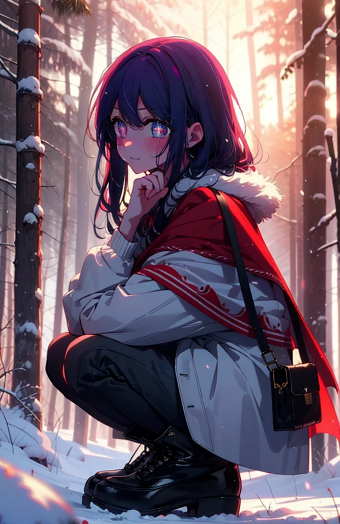aihoshino, Ai Hoshino, Long Hair, bangs, (Purple eyes:1.1), Purple Hair, (Symbol-shaped pupil:1.5), smile,,smile,blush,white breath,
Open your mouth,snow,Ground bonfire, Outdoor, boots, snowing, From the side, wood, suitcase, Cape, Blurred, , forest, White handbag, nature, Squat, Mouth closed, Cape, winter, Written boundary depth, Black shoes, red Cape break looking at viewer, Upper Body, whole body, break Outdoor, forest, nature, break (masterpiece:1.2), Highest quality, High resolution, unity 8k wallpaper, (shape:0.8), (Beautiful and beautiful eyes:1.6), Highly detailed face, Perfect lighting, Highly detailed CG, (Perfect hands, Perfect Anatomy),