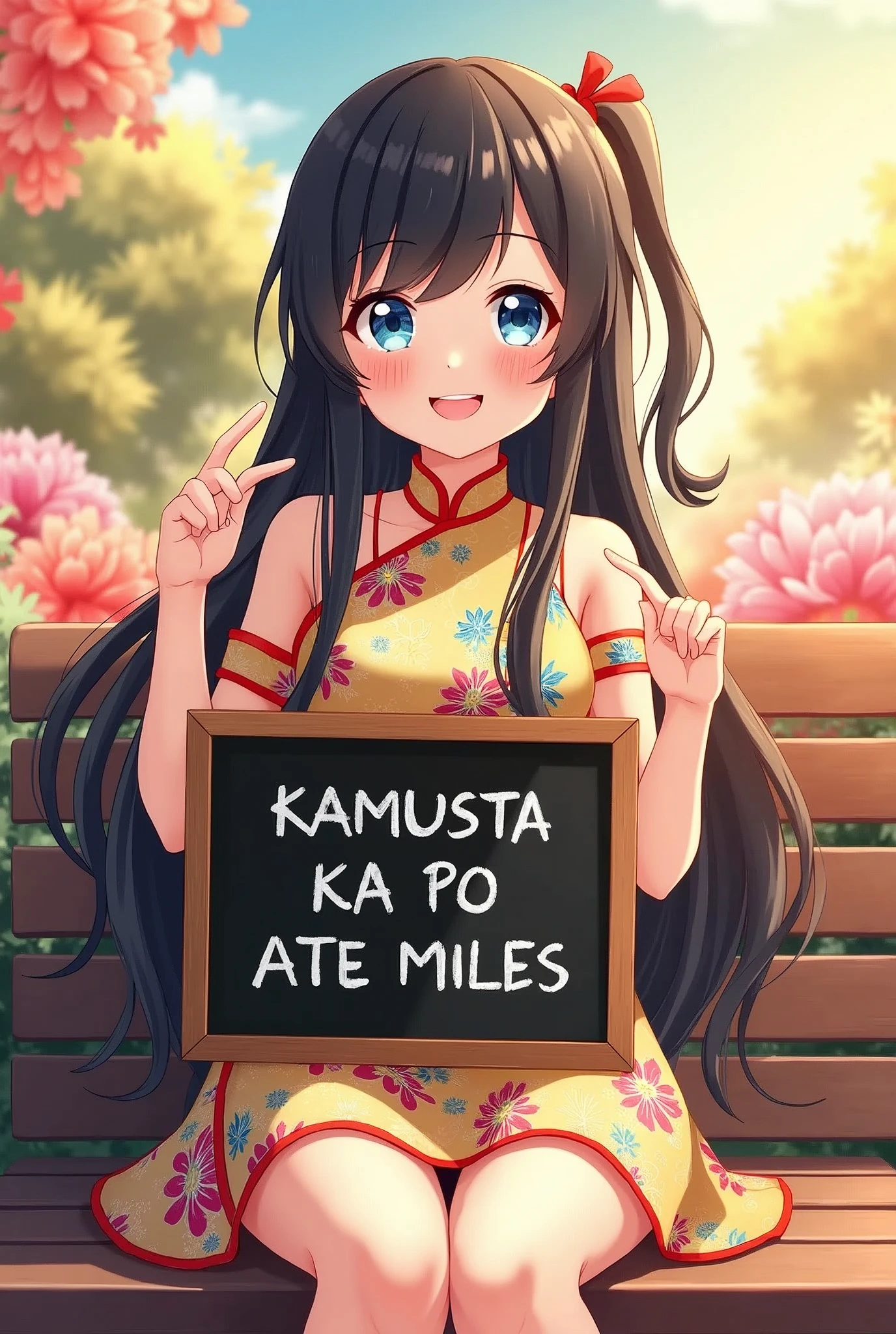 A delightful anime illustration of a Chinese girl with shiny black hair and bright blue eyes. She is adorned in avibrant dress with a unique pattern, holding a chalkboard with the phrase "KAMUSTA KA PO ATE MILES" written in white chalk. The girl is smiling playfully while pointing at her chalkboard, sitting comfortably on a bench . The background is filled with colorful flowers and a warm, sunlit sky, creating a cheerful and inviting atmosphere


