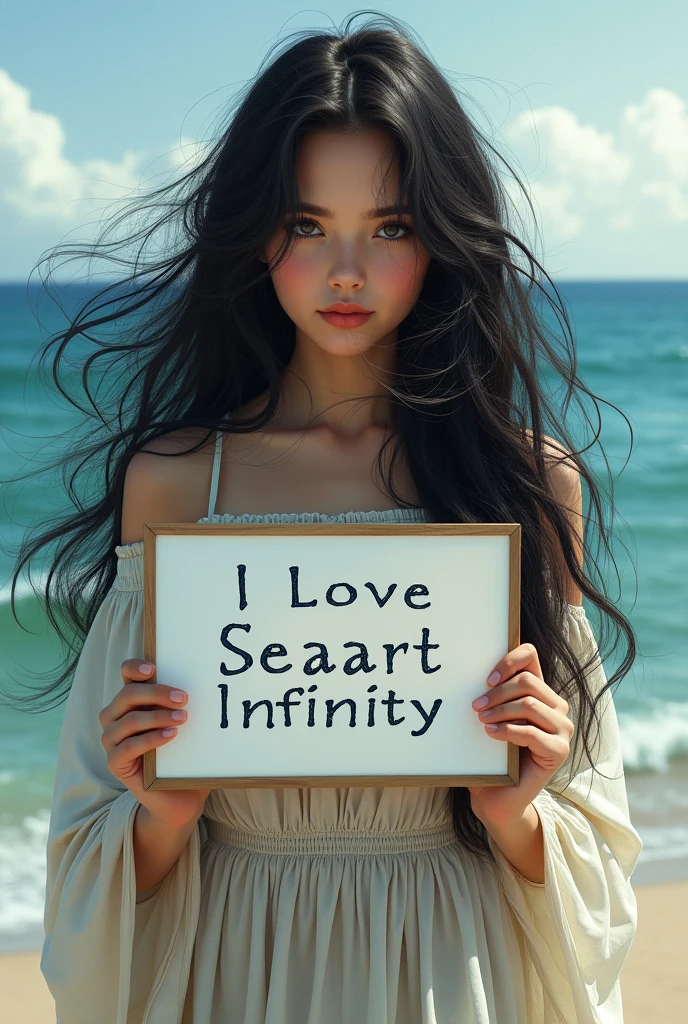 Beautiful girl with wavy long hair, bohemian dress, holding a white board with text "I Love Seaart Infinity" and showing it to the viewer