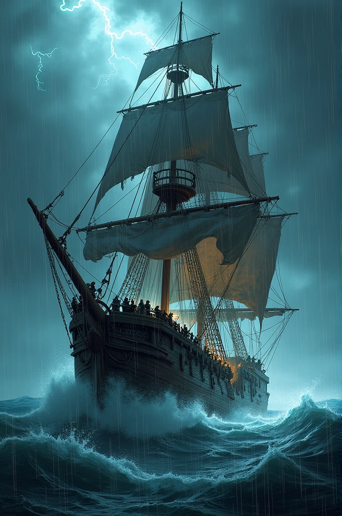 A pirate ship sailing through rough seas with heavy rain and lightning。Despair in sight

