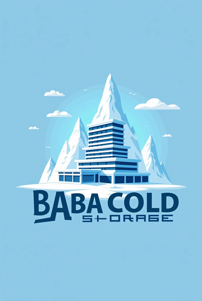 Eye catching logo for cold storage named "baba cold storage" add a 5 floored building and icy mountains and the colour combination should be arctic white and icy blue