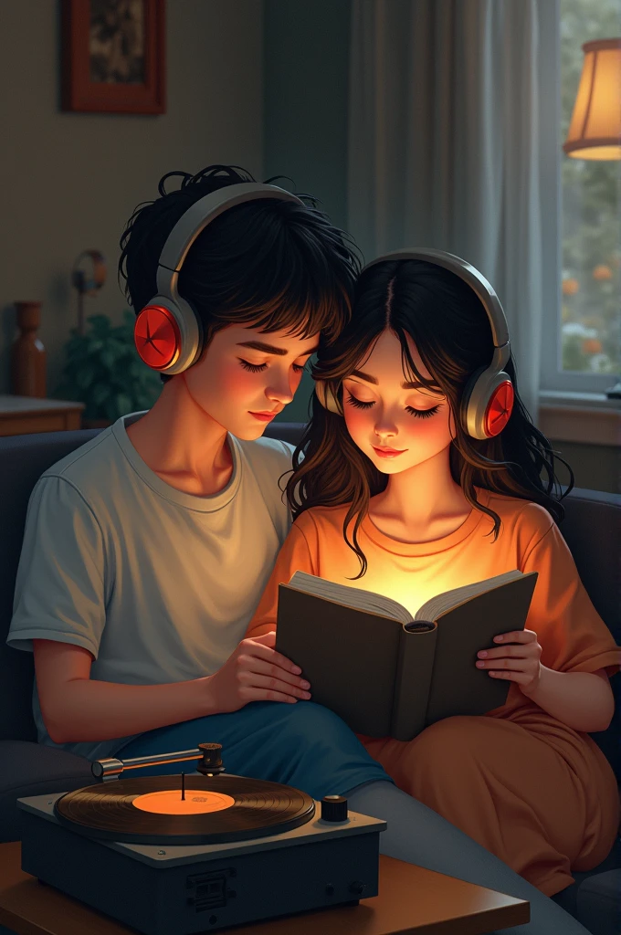 a couple, The boy is listening to music and the girl is reading, and next to them there is a vinyl record