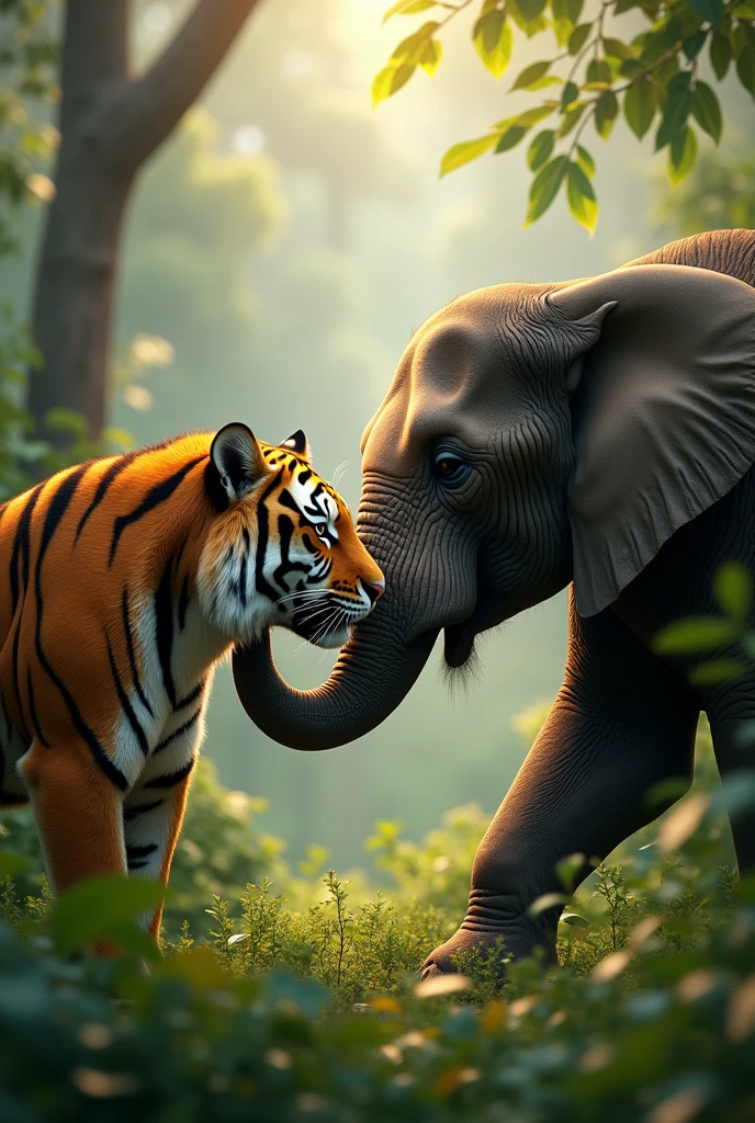 "A tiger and an elephant affectionately nuzzling each other in a lush jungle, surrounded by vibrant foliage and soft sunlight."