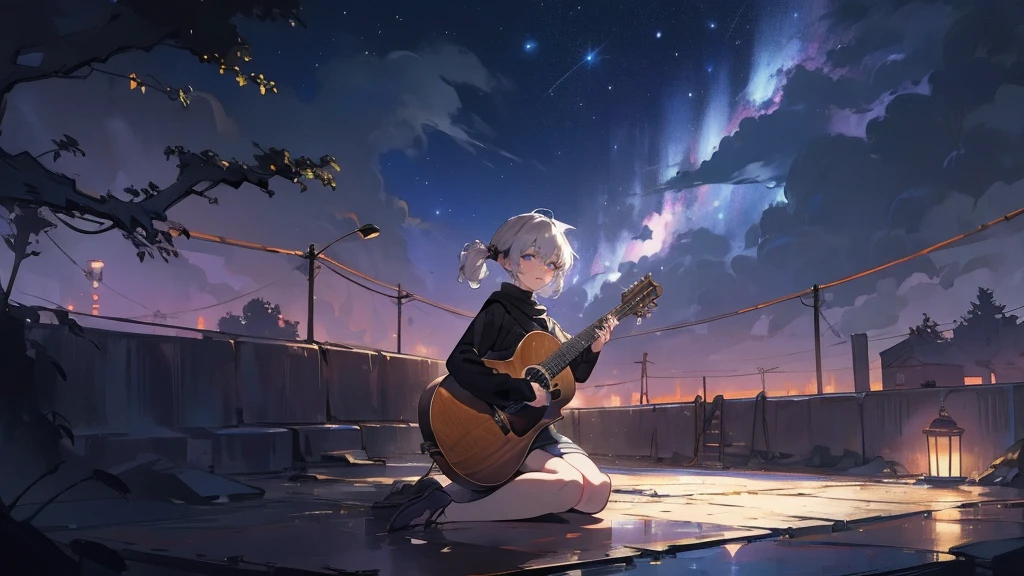 masterpiece,night,(dark alley),star、Night Sky、milky way、octone、
(1. Female), (solo), Knee hugging sitting，acousticguitar