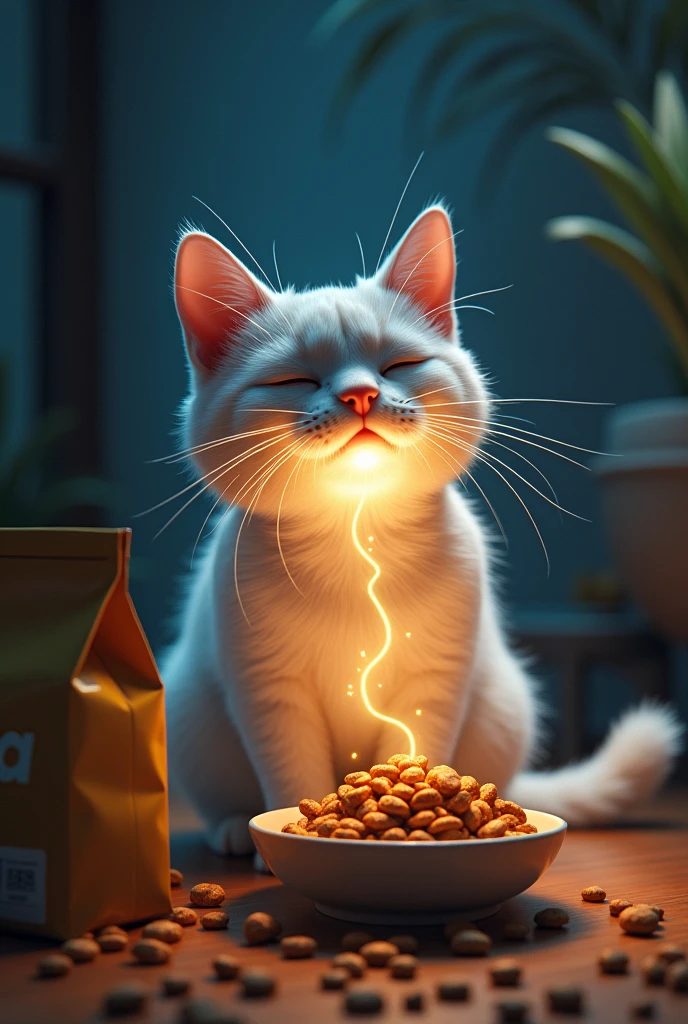 The cat ate the dry food so deliciously that light came out of its mouth. There was a bag of cat food next to it.