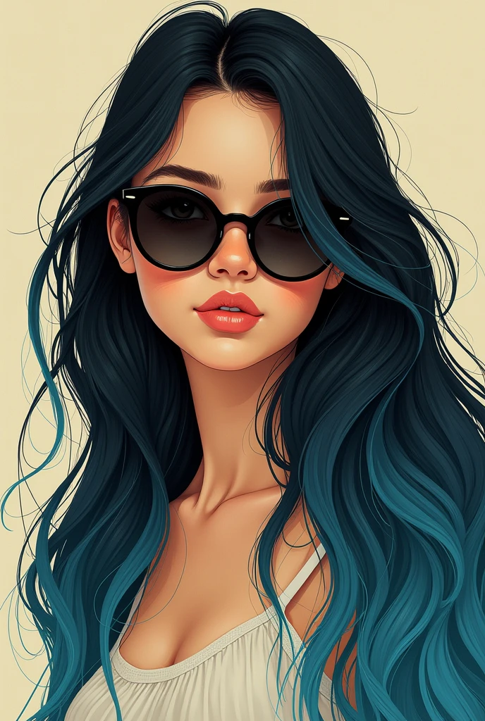 Vintage girl illustration style with long hair and black to blue gradient wearing sunglasses