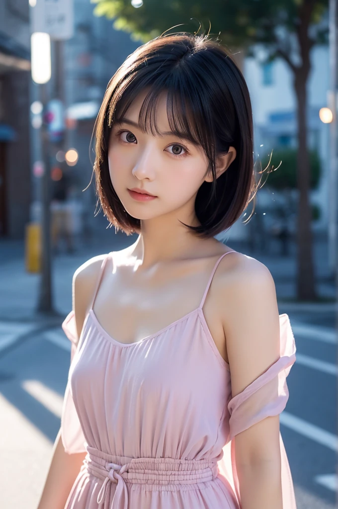 A beautiful Japanese girl is depicted。She has short black hair、Big eyes are characteristic.。The background is a fantastic color scheme based on pink and blue.、Floating spheres are placed throughout、It creates a futuristic and dreamy atmosphere.。
The beautiful girl is wearing a top made of thin, semi-transparent fabric.、The delicate sheen is reflected on the costume.。Posing with one hand on the floor、With your body leaning slightly backwards、Relaxed but looking straight into the camera、It emphasizes her presence。
As a photographic technique、It was shot in portrait mode.、By skillfully using light reflection and background bokeh effects,、It gives depth and dimension.。The overall use of soft light、Colorful bokeh in the background blends in、It beautifully expresses the ultra-realistic, live-action fantasy world.。