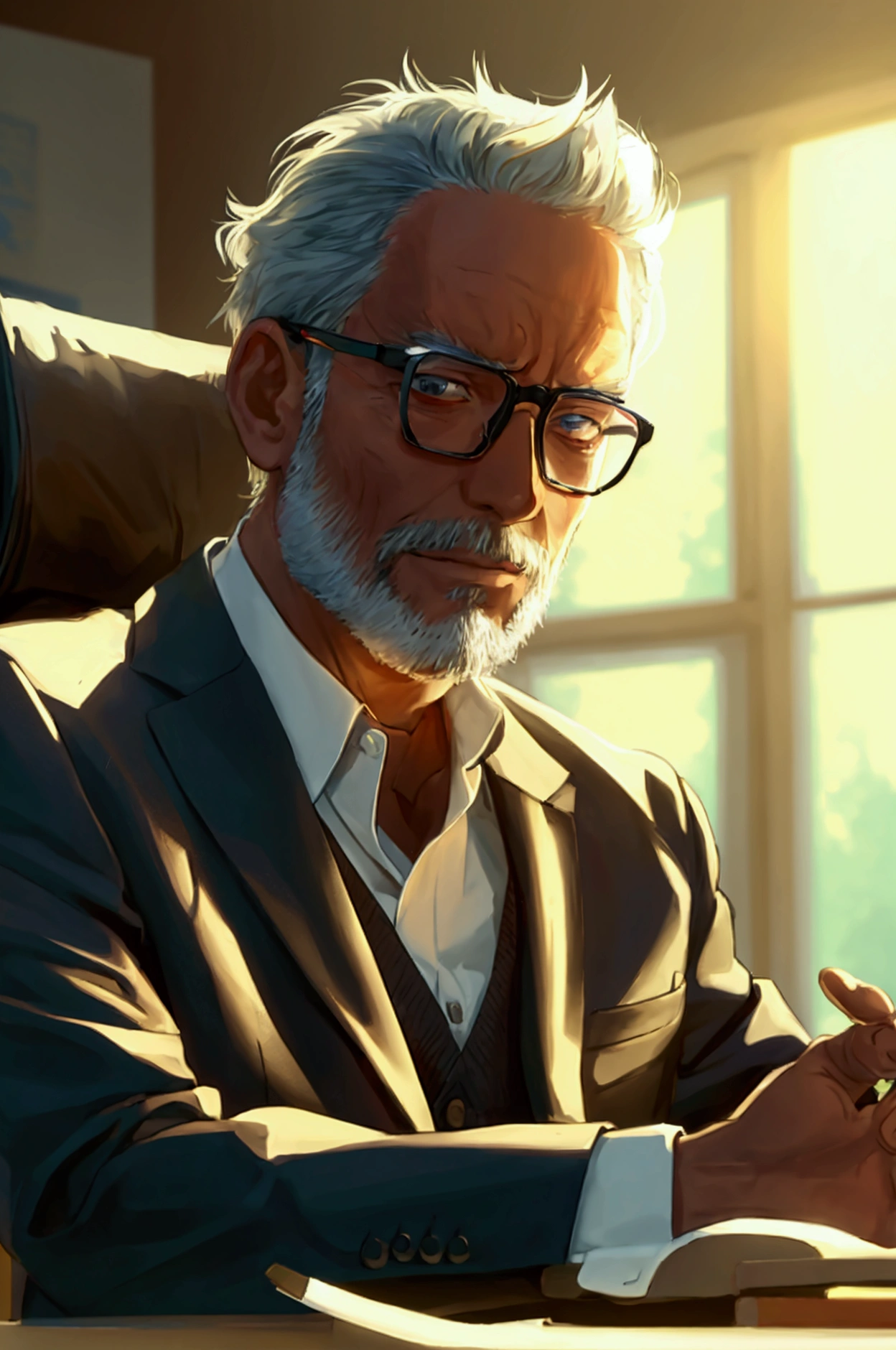 Anime middle aged man in office suit with stubble who made a contract with the Demon of Absorption 