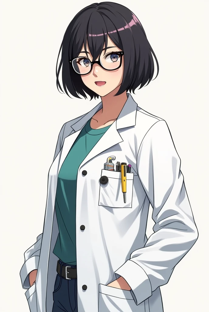 Name: Dr. Mara HarlowAge: 40 years oldPhysical Description:Has a smart appearance with glasses and short hair.Her body is thin but looks strong from years of experience.Clothing:Usually wears a lab coat or functional clothing with lots of pockets for scientific equipment.with anime art style