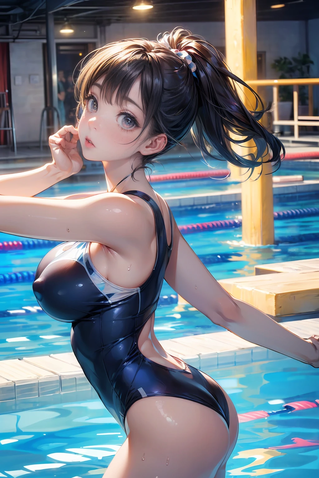 ((masterpiece)), ((Highest quality)), ((High resolution)), ((Highly detailed CG Unity 8k wallpaper)), alone、swimming pool、high school girl、Sheer competitive swimsuit、See-through、White swimsuit、 swelling、hair、Straight Short Cut、Big eyes、High nose、Beautiful multiple eyes、Long eyelashes、Larger breastup、Show your side、