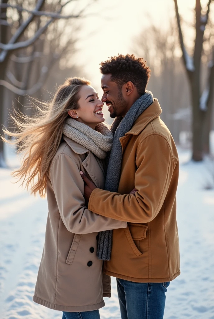 Blond woman and black man  Young in the winter