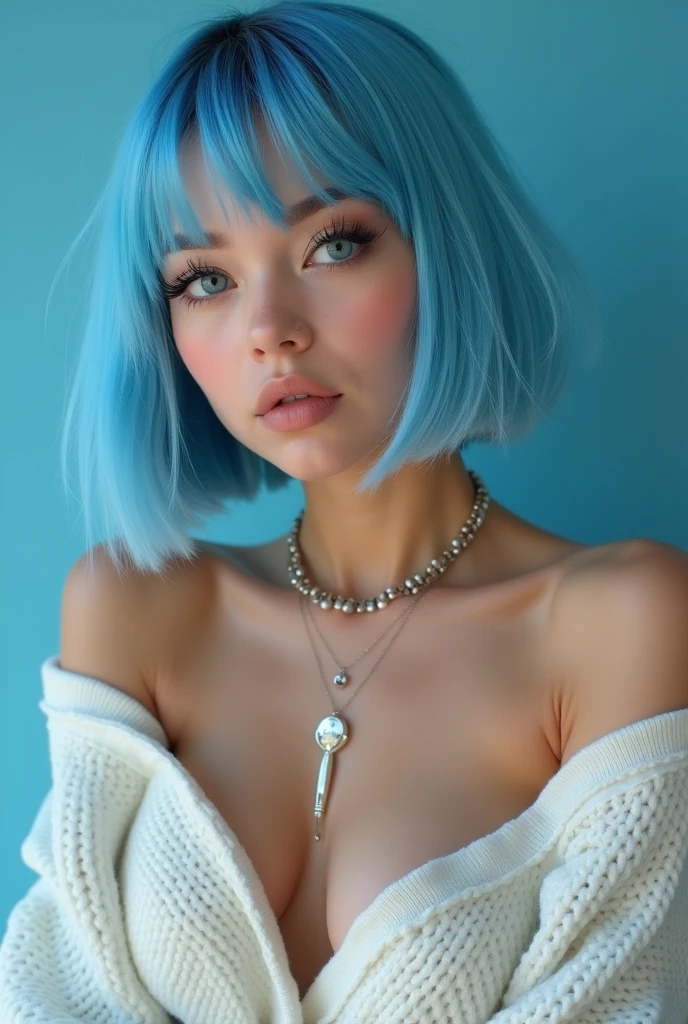 (Best quality, 8k, 32k, Masterpiece, UHD:1.2),Photo of Pretty 18 american woman, large breasts, very short bob hair,upper body,face focus,(oversized_sweater,:1.1) necklace, background, looking at viewer, leaning forward, (((blue hair with sliver bangs))), (((vibrant light blue eyes))) (((award winning detail)) ((avatar makeup and popstar clothes)))