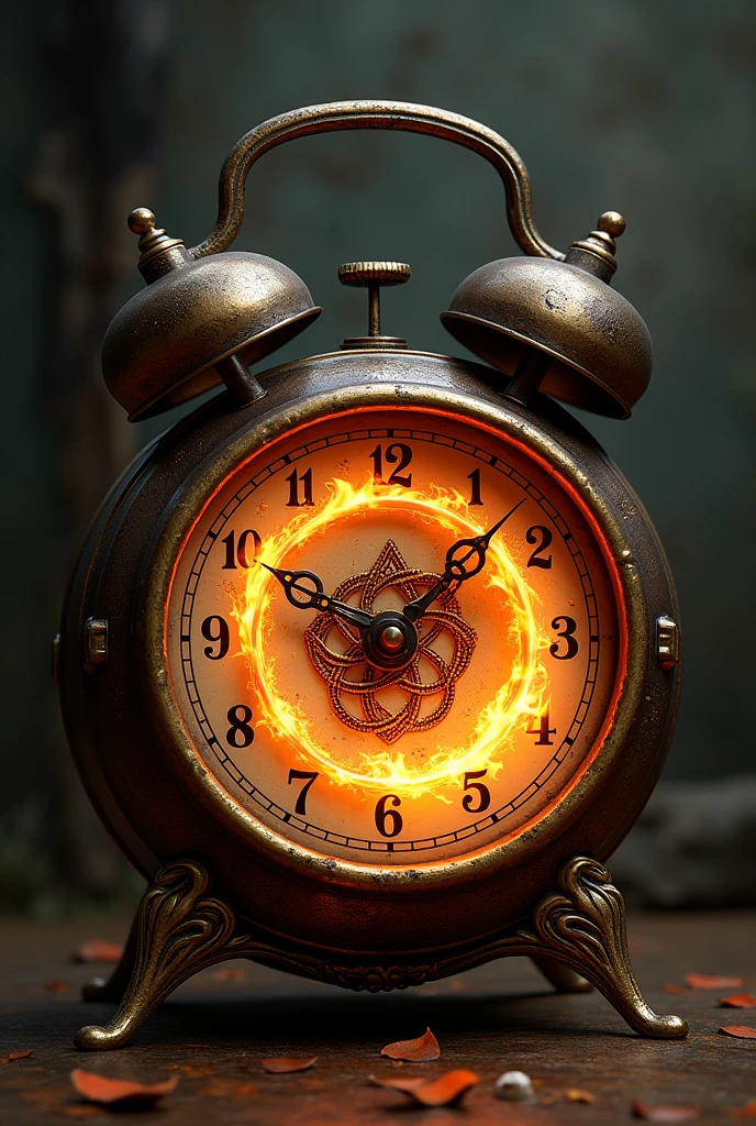 Antique clock hands burning in flames with witch's knot symbol