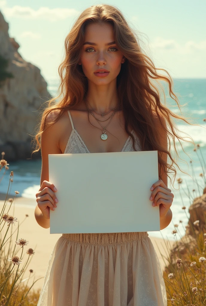 Beautiful girl with wavy long hair, bohemian dress, holding a white board with text "I Love Seaart Infinity" and showing it to the viewer