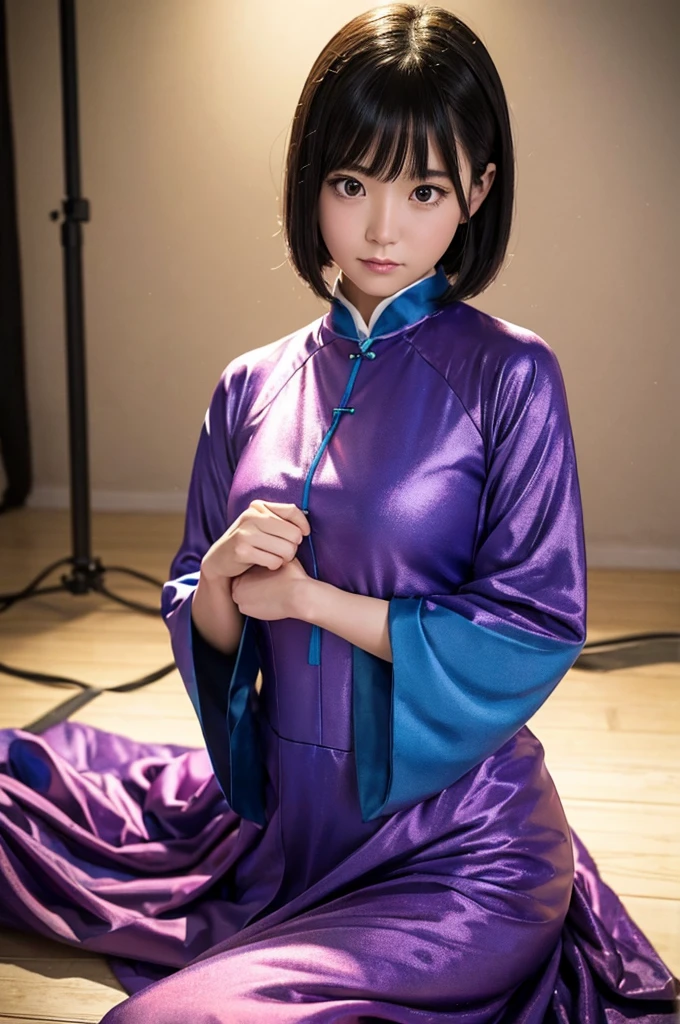 A beautiful Japanese girl is depicted。She has short black hair、Big eyes are characteristic.。The background is a fantastic color scheme based on pink and blue.、Floating spheres are placed throughout、It creates a futuristic and dreamy atmosphere.。
The beautiful girl is wearing a top made of thin, semi-transparent fabric.、The delicate sheen is reflected on the costume.。Posing with one hand on the floor、With your body leaning slightly backwards、Relaxed but looking straight into the camera、It emphasizes her presence。
As a photographic technique、It was shot in portrait mode.、By skillfully using light reflection and background bokeh effects,、It gives depth and dimension.。The overall use of soft light、Colorful bokeh in the background blends in、It beautifully expresses the ultra-realistic, live-action fantasy world.。