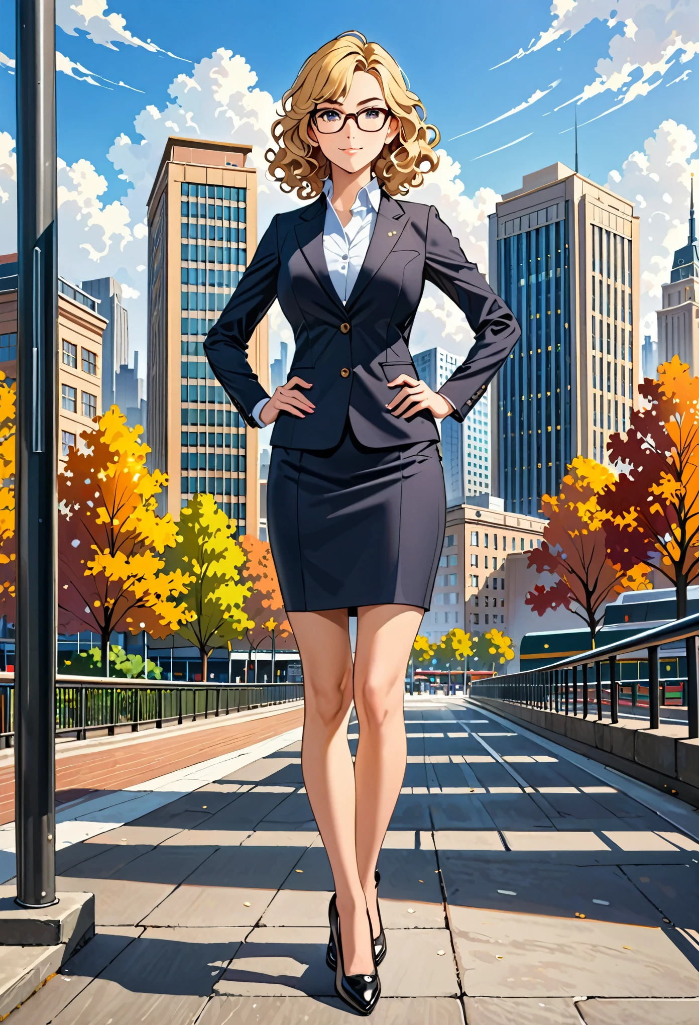 masterpiece, best quality, hires, 1girl, medium breasts, suit, skirt, pencil skirt, bare legs, glasses, shoes, city backdrop, solo, single, hands on hip, standing, full body shot, cowboy shot, beautiful detailed eyes, beautiful detailed face, (blonde hair, (short hair, wavy hair)), high school backdrop, outdoors, mature lady, teacher, perfect body, good proportions