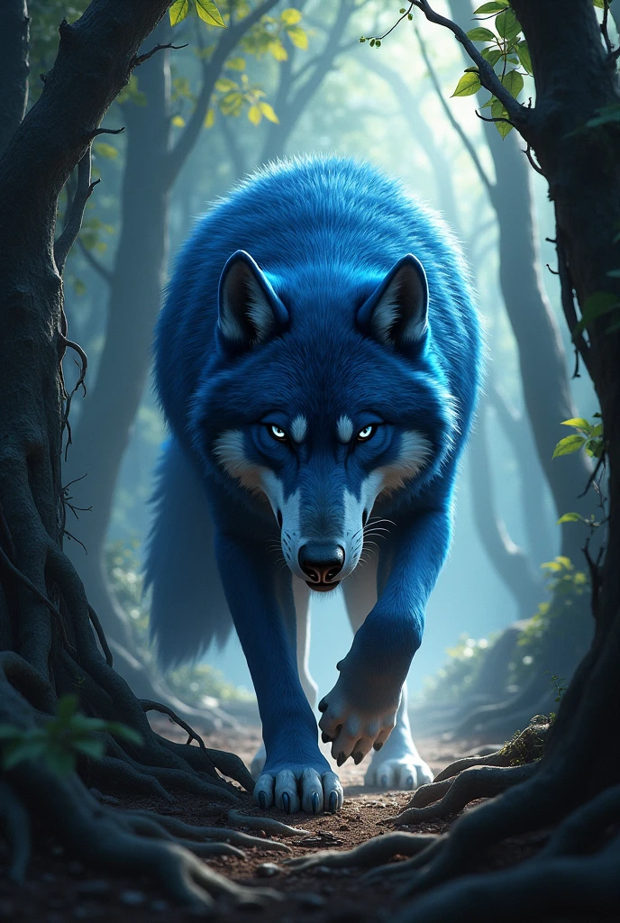 I would like to see a wolf in a dense forest which is hunting.
The wolf is one-eyed and has blue fur. strong, leal, hears, in control.


