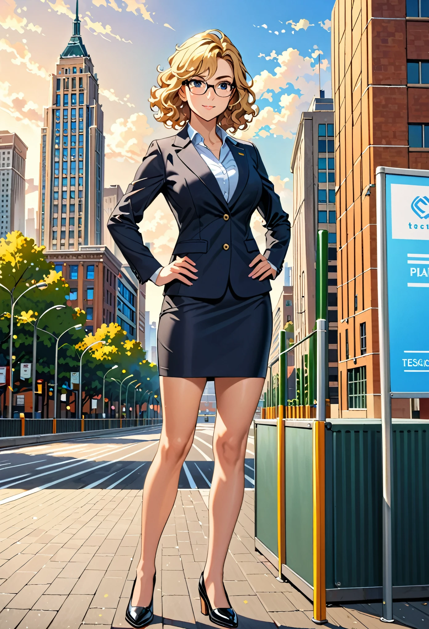 masterpiece, best quality, hires, 1girl, medium breasts, suit, skirt, pencil skirt, bare legs, glasses, shoes, city backdrop, solo, single, hands on hip, standing, full body shot, cowboy shot, beautiful detailed eyes, beautiful detailed face, (blonde hair, (short hair, wavy hair)), high school backdrop, outdoors, mature lady, teacher, perfect body, good proportions