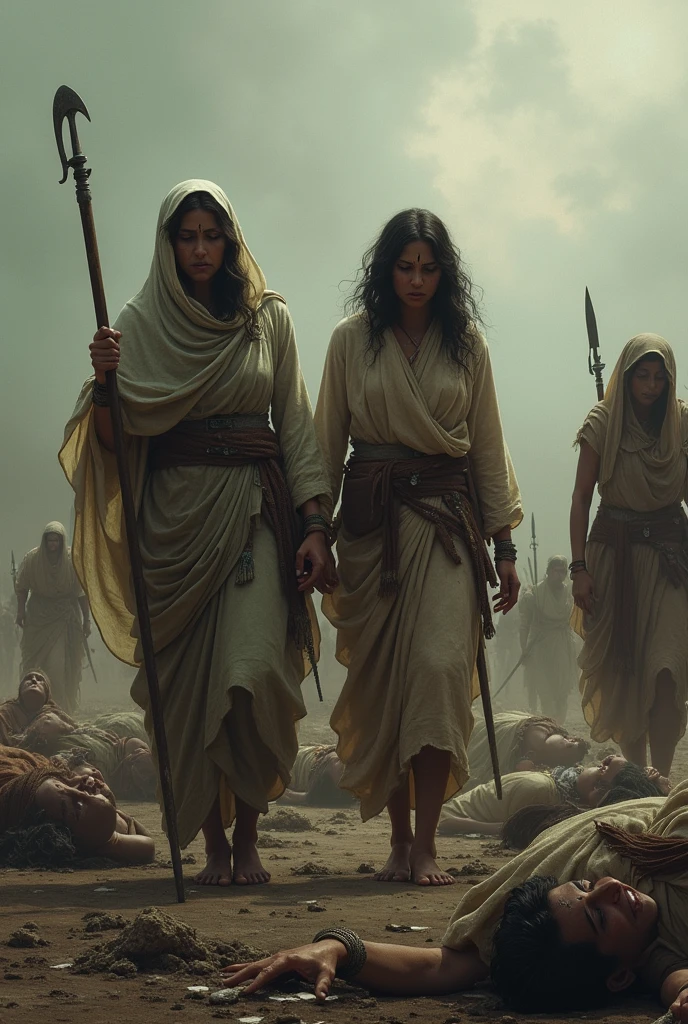 Create a image of the war zone kurukshetra after the next day of Mahabharata war. How was its  brutal condition. Widows crying