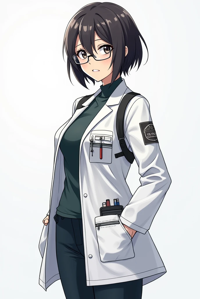Name: Dr. Mara HarlowAge: 40 years oldPhysical Description:Has a smart appearance with glasses and short hair.Her body is thin but looks strong from years of experience.Clothing:Usually wears a lab coat or functional clothing with lots of pockets for scientific equipment.with anime art style full body