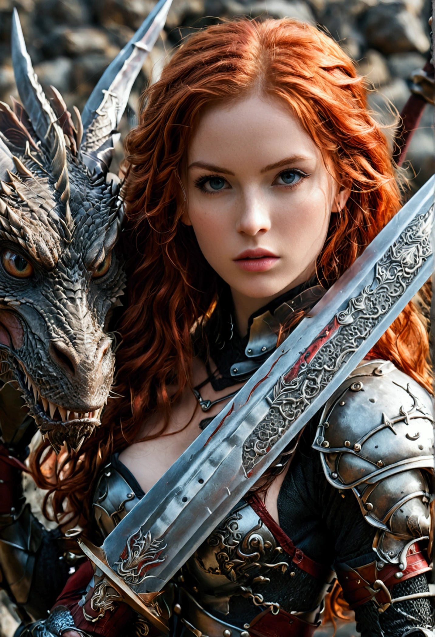 (full body shot:1) photorealistic image of a woman, ultrarealistic, photography, long red hair, woman, 24 years old, hourglass figure, perfect body, Flirty look, natural medium breasts, black metal armor, big red claymore sword on her back, fighting against a dragon, full body shot, full body, full body picture, camera zoomed out, wide angle, wide angle shot, wide angle picture