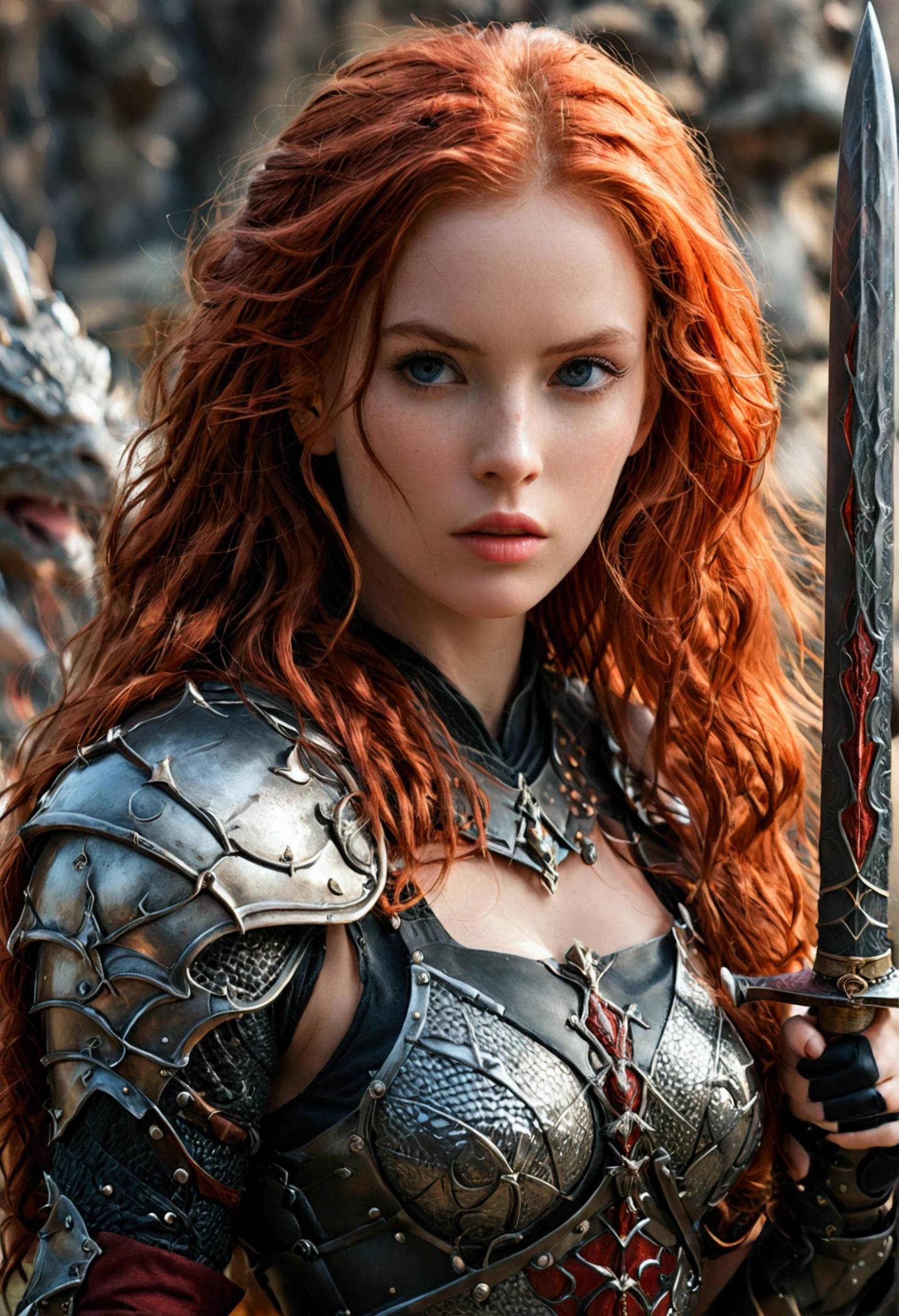 (full body shot:1) photorealistic image of a woman, ultrarealistic, photography, long red hair, woman, 24 years old, hourglass figure, perfect body, Flirty look, natural medium breasts, black metal armor, big red claymore sword on her back, fighting against a dragon, full body shot, full body, full body picture, camera zoomed out, wide angle, wide angle shot, wide angle picture

