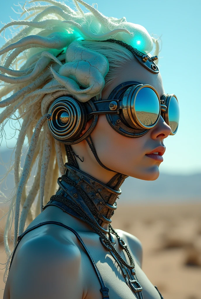 Ethereal cyborg woman, bioluminescent jellyfish headdress. Steampunk goggles blend with translucent tentacles. Cracked porcelain skin meets iridescent scales. Mechanical implants and delicate tendrils intertwine. Human features with otherworldly glow. Dreamy aquatic hues contrast weathered metal. Reflective eyes capture unseen worlds. Soft bioluminescence meets harsh desert backdrop. Fusion of organic and synthetic, ancient and futuristic. Hyper-detailed textures, surreal atmosphere.